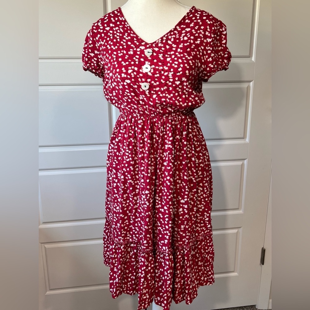 Womens Red White Floral Print Short Sleeve Midi Dress‎ V Neck Buttons Medium